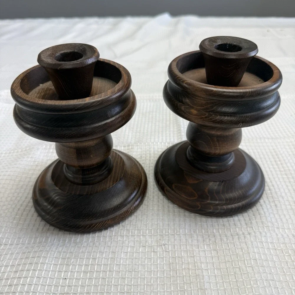 Set 2 Vintage Wooden Pedestal Taper Candlestick Holders 6